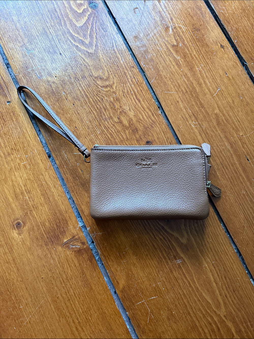 Coach Pebbled Leather Wristlet in Taupe Brown